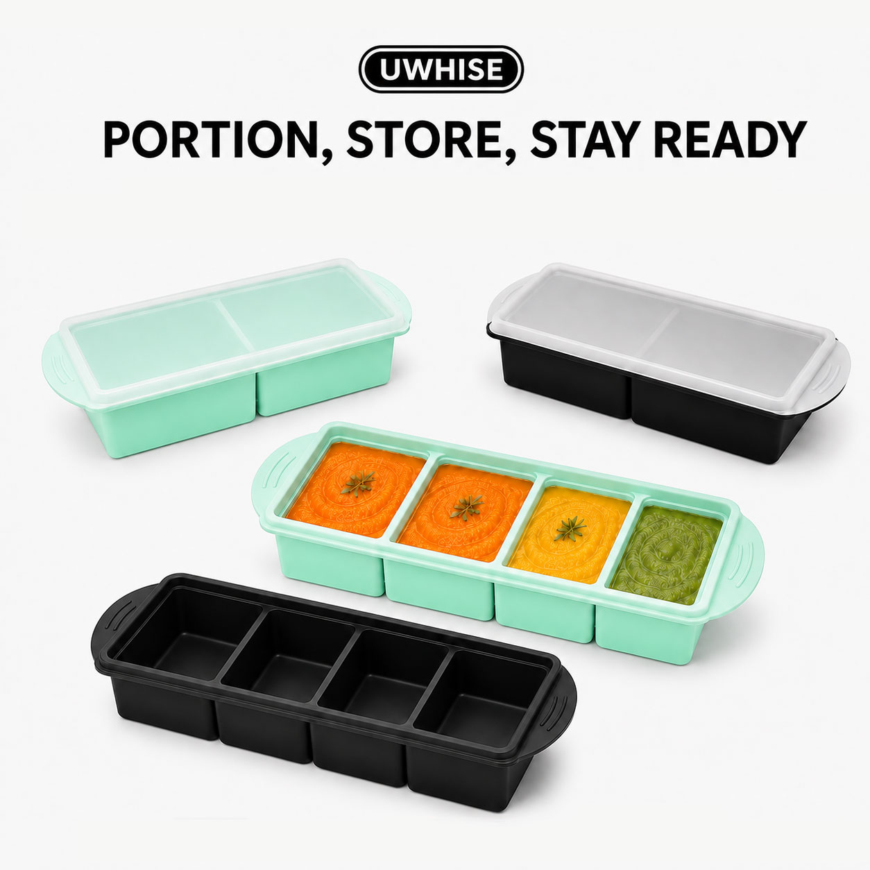 Baby Food Prep Containers - ถาดซิลิโคนสำหรับแช่แข็งซุป Uwhise พร้อมฝาปิด สำหรับเก็บอาหารเด็ก 2/4 ช่อง