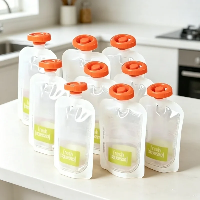Baby Food Pouches 1 Year Old - ถุงใส่อาหารสำหรับทารกแบบออร์แกนิก 50 ชิ้น ถุงบีบพกพาสำหรับใส่น้ำผลไม้ ภาชนะเก็บอาหารเสริมสำหรับเด็กเล็ก ใช้ได้ทั้งในบ้านและนอกบ้าน