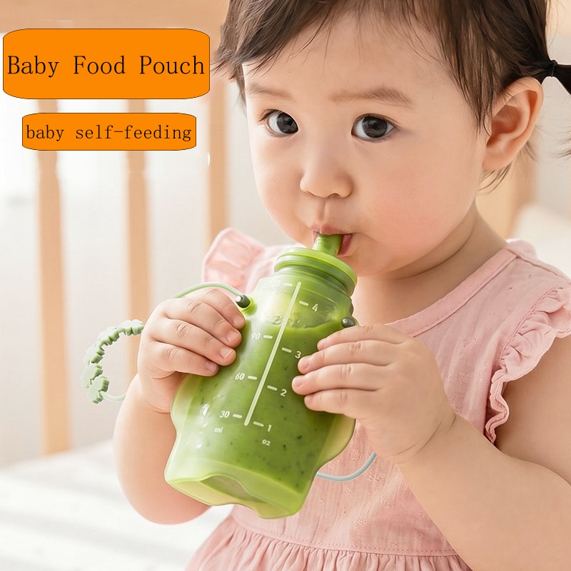 Baby Food Pouches 1 Year Old - ถุงซิลิโคนใส่อาหารบดสำหรับเด็ก ปลอดสาร BPA ใช้ซ้ำได้ ป้องกันการรั่วซึม สำหรับบีบและกัด