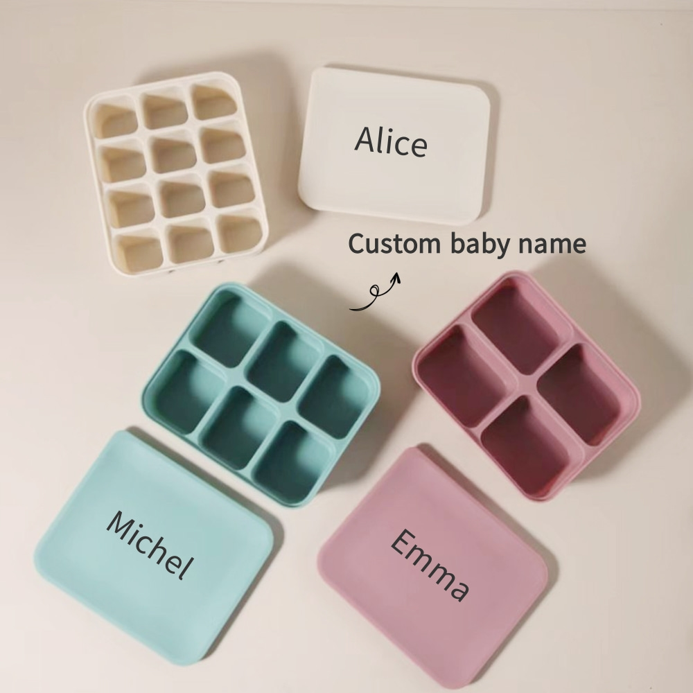Baby Food Tray - ถาดแช่อาหารเด็กแบบส่วนตัวพร้อมชื่อ, แม่พิมพ์น้ำแข็งซิลิโคนปลอดสาร BPA 12 ช่องสำหรับทำอาหารเด็กและน้ำซุปข้นแบบโฮมเมด