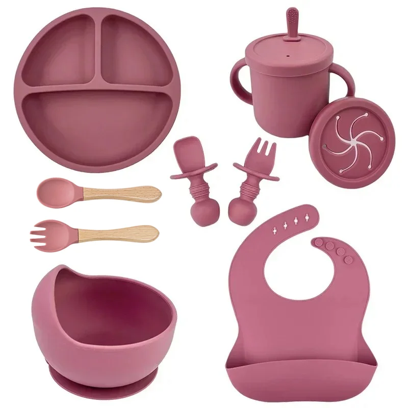 Baby Food Equipment - ซิลิโคนเกรดอาหารเด็กชุดจานชามใส่อาหารเด็กจานดูดถ้วยฟางไม้ช้อนส้อมสําหรับชุดอาหารเด็กเด็กวัยหัดเดินจาน