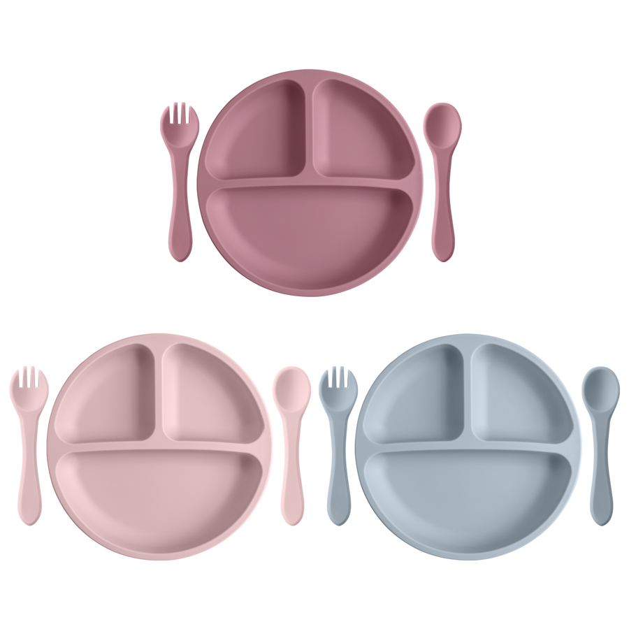 Baby Food Tray - 3PCS ชุดเด็กชุดเด็กกินอาหารการฝึกอบรมซิลิโคนชุดเด็ก Sucker ให้อาหารจานช้อนส้อม