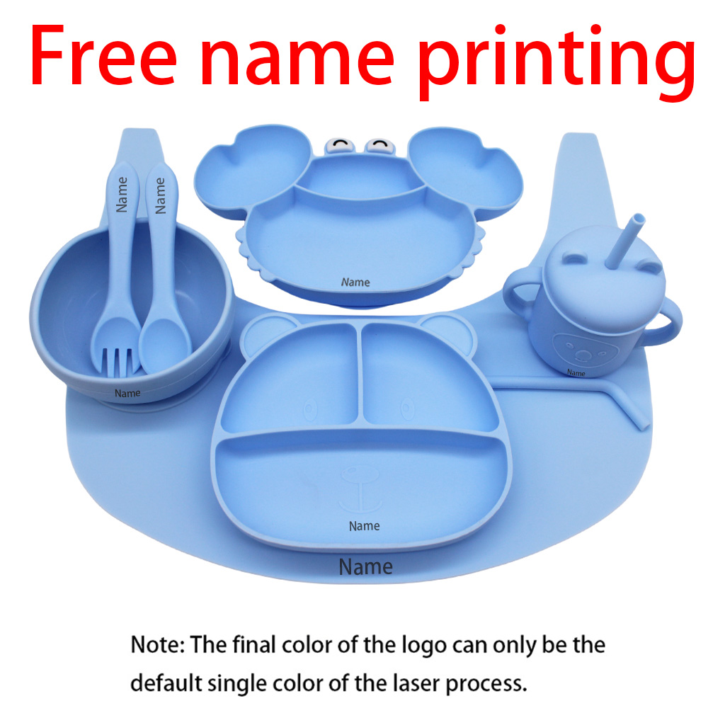 Baby Food Tray - ชุดจานชามเด็กพิมพ์ชื่อฟรี: จาน, ส้อม, ช้อน, แผ่นรองจาน, แก้วสำหรับฝึกทานอาหาร